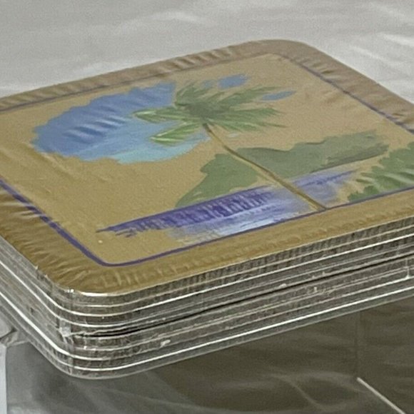 Set of 8 Drink Coasters On The Beach Sur La Plage 4 Designs Palm Tree Birds - Picture 3 of 4